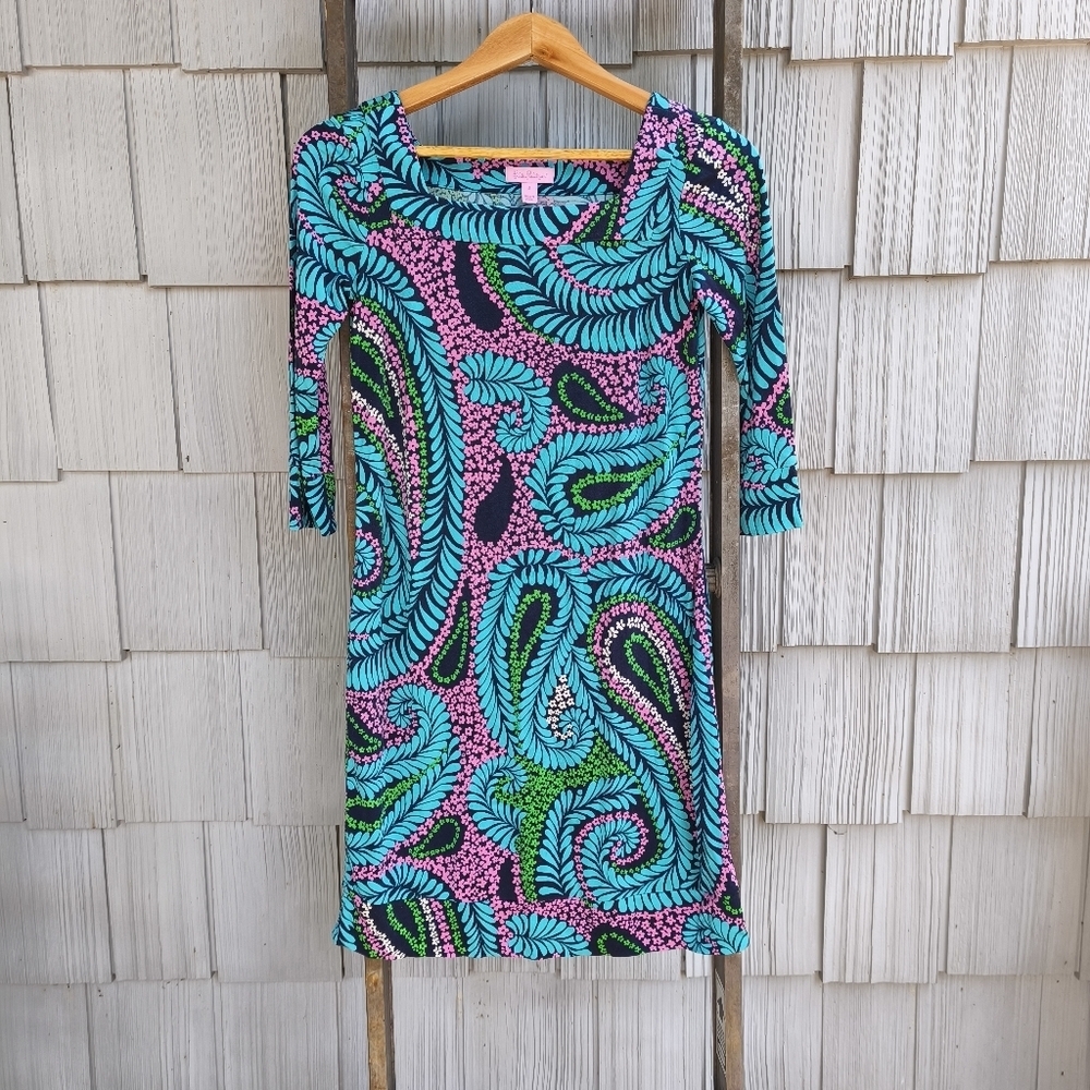 y2k Lilly Pulitzer 100% Silk Jersey Knit Square Neck Floral Shift Dress sz 2